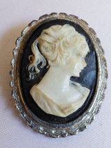 Vintage Silver Tone White On Black Cameo Pin Brooch - £32.62 GBP