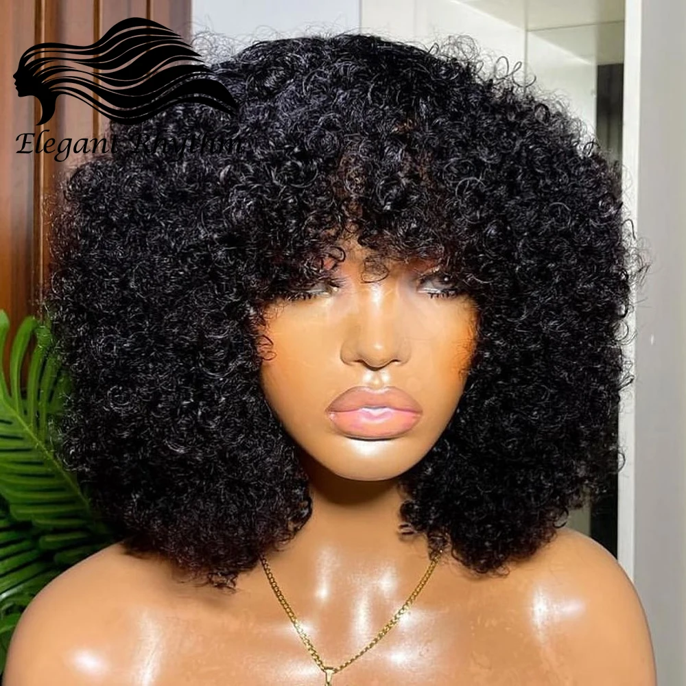 Kinky Curly Wig with Bangs Brazilian Human Hair For Women 180% Density Machi - £44.86 GBP+