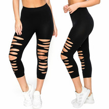 2 Pc Ladies Sexy Cut Out Capri Leggings Ripped Slit One Size Stretch Yoga Black - £26.51 GBP