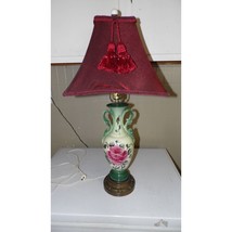 Vintage 50&#39;s Porcelain Brass Metal Table Lamp Mid Century Roses Leaf Des... - $139.86