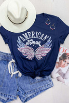 Blue American Woman Flag Eagle Wing Graphic Tee - £14.42 GBP