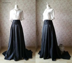 Black Pleated Taffeta Maxi Skirt Outfit Women Custom Plus Size Full Prom Skirt image 3