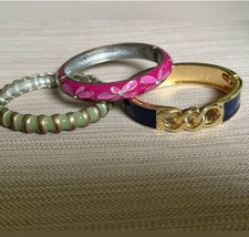 Vintage Hinged Enamel Bracelet Lot of 3 Pink Floral Blue Gold Tone Green - $14.84