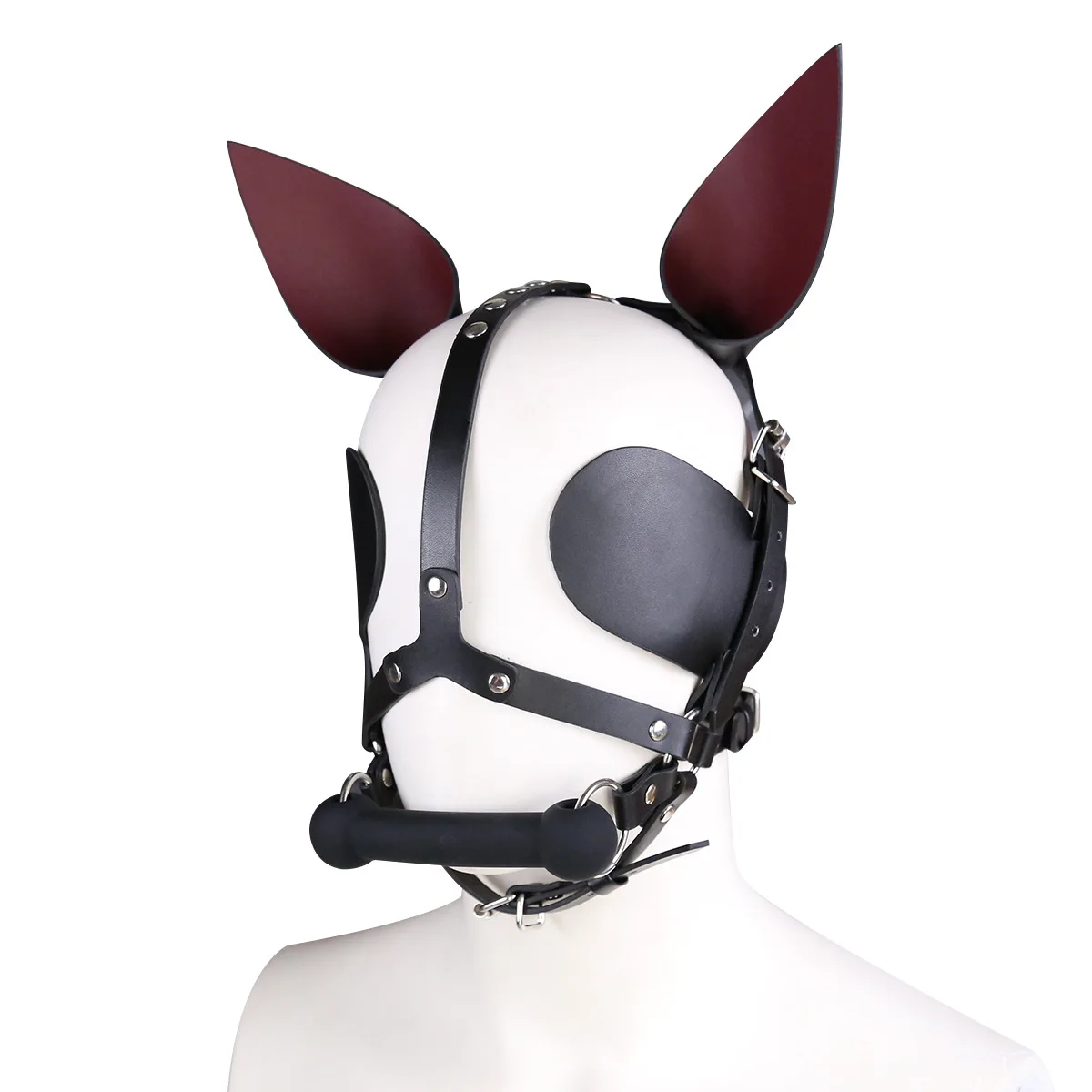 Play Leather Fetish Mature Harness Head Hood with Silicone Bone Mouth Gag Slave  - £32.87 GBP