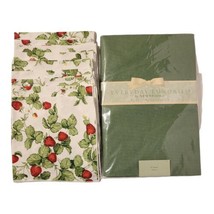 Set of 9 Strawberry Print Fabric Napkins + 70&quot; Round Evergreen Vinyl Tablecloth  - £35.96 GBP