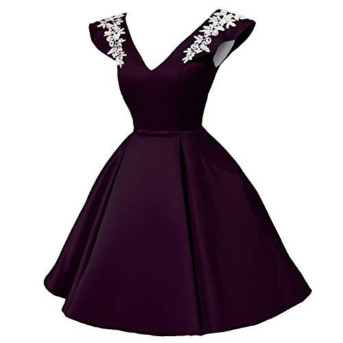 V Neck White Lace Short Satin Formal Prom Homecoming Dress Party Dark Plum US 6