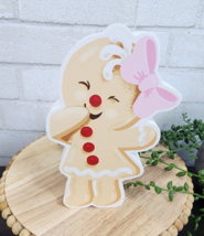 Gingerbread Girl Figurine Pink Bow Pastel Christmas Peppermint Wood 7&quot; NEW - $16.99