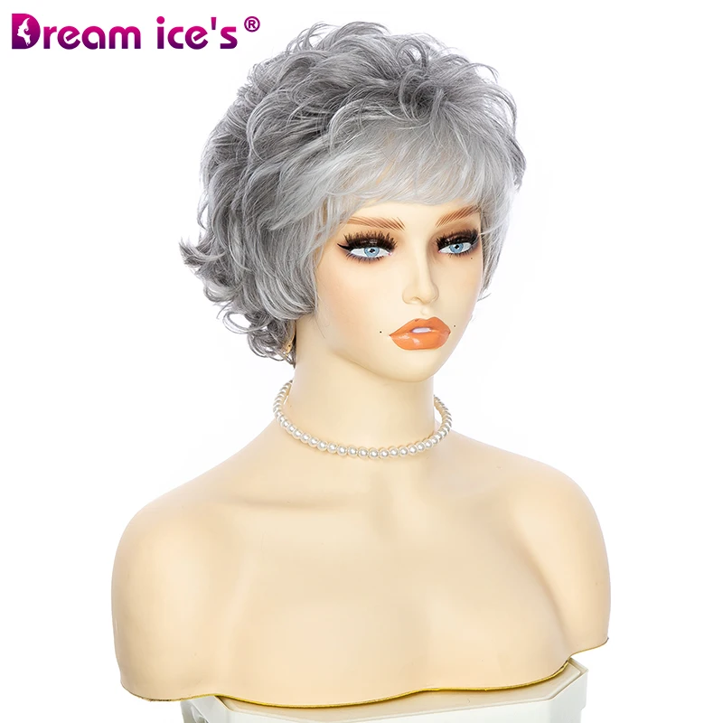 Short Pixie Cut Mixed Gray Synthetic Wigs Natural Wavy Layered Wig With Ban - £18.36 GBP