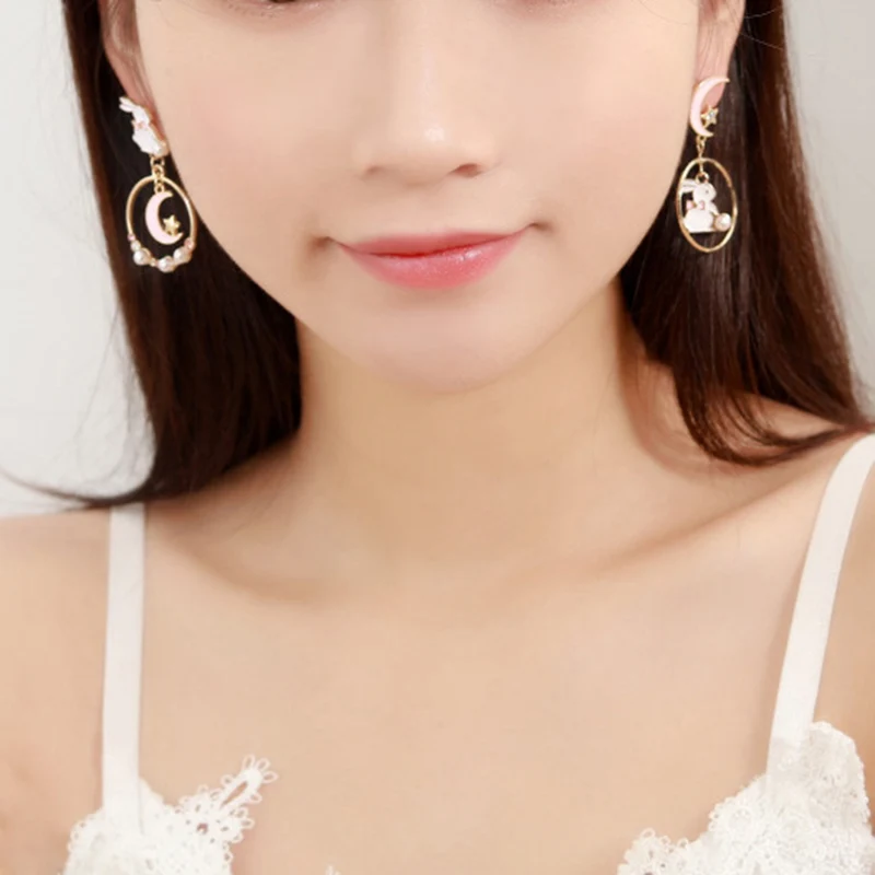 Play Cute Fashion Asymmetric Cat Rabbit Moon Star Stud Earrings For Women Girls  - £23.32 GBP