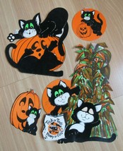 Vintage Halloween Cats x4 Die Cuts Pumpkins Corn Stalk 1960&#39;s Felt! - £37.03 GBP