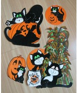 VINTAGE HALLOWEEN CATS x4 die cuts pumpkins corn stalk 1960&#39;s FELT! - $47.99