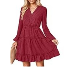 NEW Women&#39;s Yuvion V-neck Long Sleeve A-line Dress - Wine Red - Size Small - £27.91 GBP