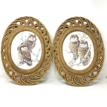 VTG Owls Wall Decor BURWOOD in Oval Wicker Style Frames Set of 2 MCM 60s... - $24.99