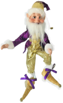 Sugar Plum Christmas Elf Pixie Doll Fur Trim Hanging Posable Bells Purple Gold - $44.07