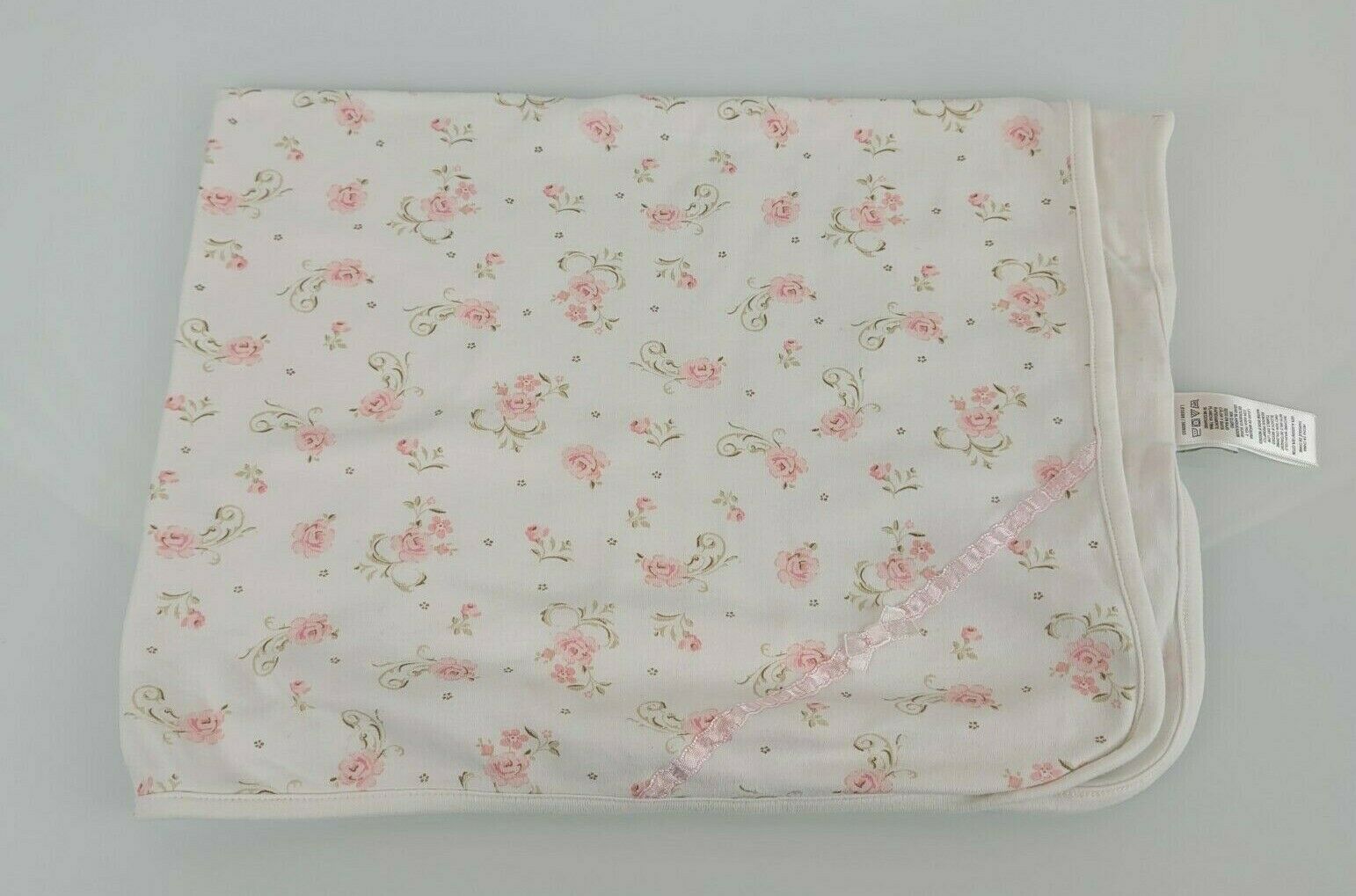 Little me receiving blanket baby girl pink flower ribbon Cream cotton swaddle - $14.84