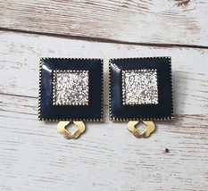 Vintage Clip On Earrings Black with Silver Tone Glitter Square - £10.38 GBP