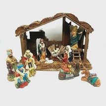 Nativity Scene Vintage 11 Piece Porcelain Collectables Wood Stable Baby Jesus - £33.97 GBP