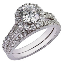 2CT Rund Künstlicher Diamant Weiß Vergoldet Halo Verlobungsring &amp; Band Set - £172.49 GBP