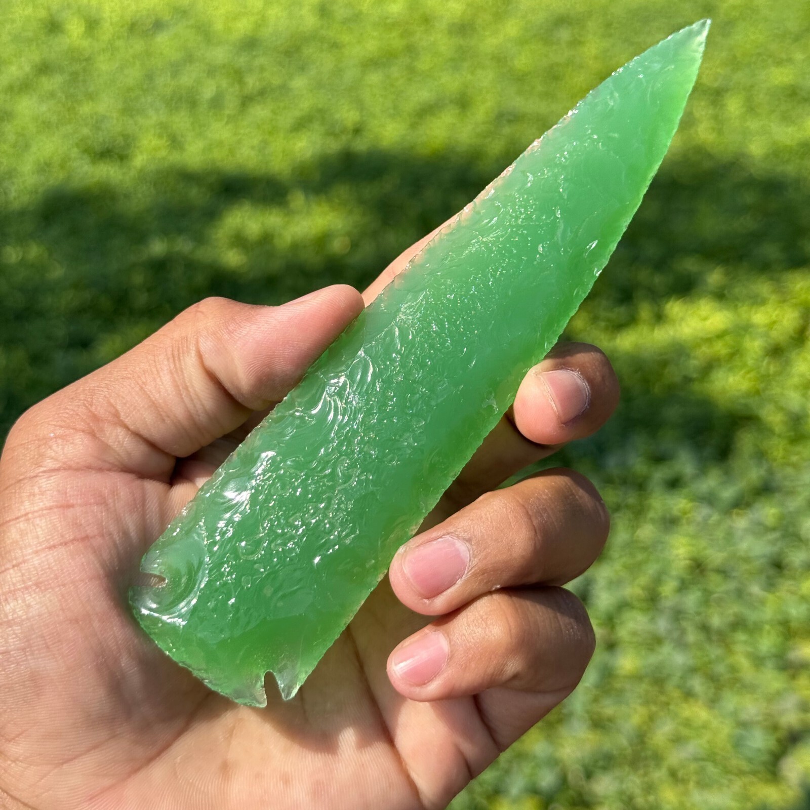 Green Fiber Optic Arrowhead Hand-Carved Gemstone Spearhead for Energy Wo... - $18.02+