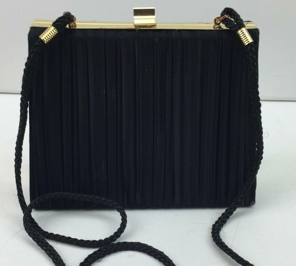 Primary image for Sasha Designer Ladies Frame Shoulder Bag Prom Purse Black Satin Gold Clasp