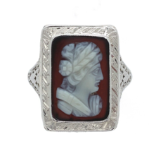 18k White Gold Filigree Genuine Natural Hard Stone Agate Cameo Ring (#J6... - $678.15