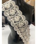 Vintage Tan  Embroidered Rose Flower Double Scalloped Lace Tulle Trim 5.... - $2.89