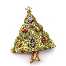 Vintage JJ Jonette Christmas Tree Brooch w Crystal Ornaments, Gold Tone - £24.69 GBP