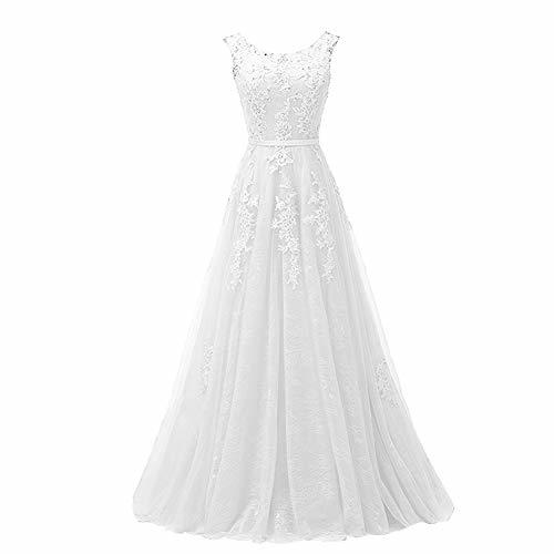 Kivary Plus Size Long Beaded Lace Scoop Neck Open Back Evening Prom Dress White