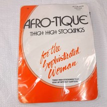 New Vintage Afro-Tique thigh high Stockings jet black one size nylon pan... - $7.00