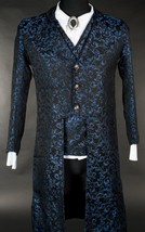 NWT Men&#39;s Black Blue Brocade Victorian Goth Vampire Tailcoat Suit Jacket - $156.05