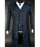 NWT Men&#39;s Black Blue Brocade Victorian Goth Vampire Tailcoat Suit Jacket - £125.42 GBP