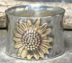 Handcrafted ~ Size 10 ~ Hammered ~ Silver Color Wide Band Ring w/Sunflower (1) - £11.73 GBP