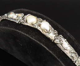 ISRAEL 925 Silver - Vintage Brutalist Mother Of Pearl Link Bracelet - BT... - £110.17 GBP
