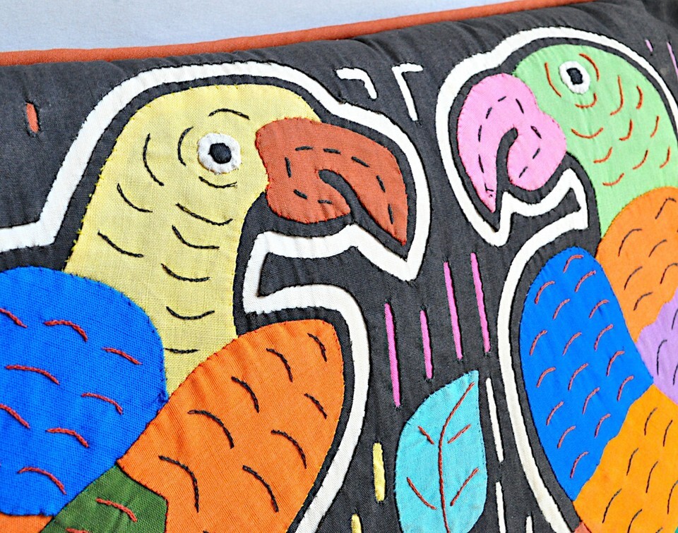 Mola Throw Pillow 16 x 11 Parrots Birds Sham Accent Embroidered Guna Kuna VTG Item image 5
