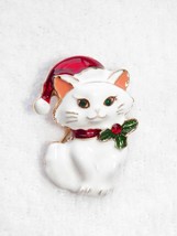Xmas In July!! Gold White Cat Pin Holiday 1 1/2&quot; Brooch Rhinestones Reduced!! - £7.92 GBP