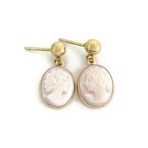 Vintage 1960&#39;s Pale Pink Cameo Dangle Drop Earrings 14K Yellow Gold, 2.4... - £234.95 GBP