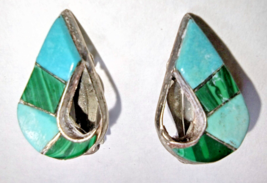 Vintage Sterling Silver and Turquoise Clip Earrings Handmade Teardrop 3/4 inch - £12.15 GBP