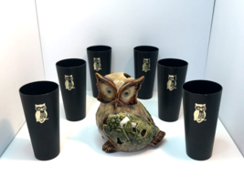 Owl Tumbler Glasses Owl Candle Holder and Cups MCM Black Gold Plastic Se... - $34.64