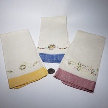 Set of 3 VTG Hand Embroidered Linen Tea Towels Color Bands Variegated 13x20 - £15.62 GBP