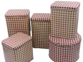 Vintage Red Pink White Gingham Plaid Metal Canister Tin Set Made in Italy 50s - £47.84 GBP