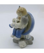 Vintage Porcelain Figurine Of Girl Feeding Baby Blue White 20A - $7.92
