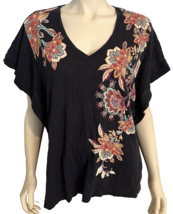Chico&#39;s Women&#39;s Floral Graphic V-Neck Tee Shirt Black XL - £11.17 GBP