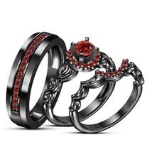 Trio 3 piece wedding ring set for him and her 14K Black Gold Over 925 Red Garnet - £120.30 GBP