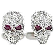 14k White Gold  Plated 2.30Ct  Round Simulated  Ruby Eyes Skull Cufflinks Men - £91.60 GBP