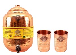 Copper Water Dispenser Storage Pot Matka With 2 Glass Tumbler, Serveware Set 3pc - £96.78 GBP