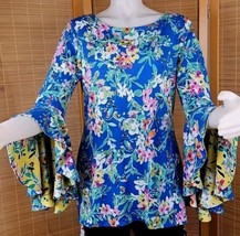 Shelby Palmer Bell Sleeve Tunic Top Womens 12 Teal Floral Print Jersey S... - $38.38