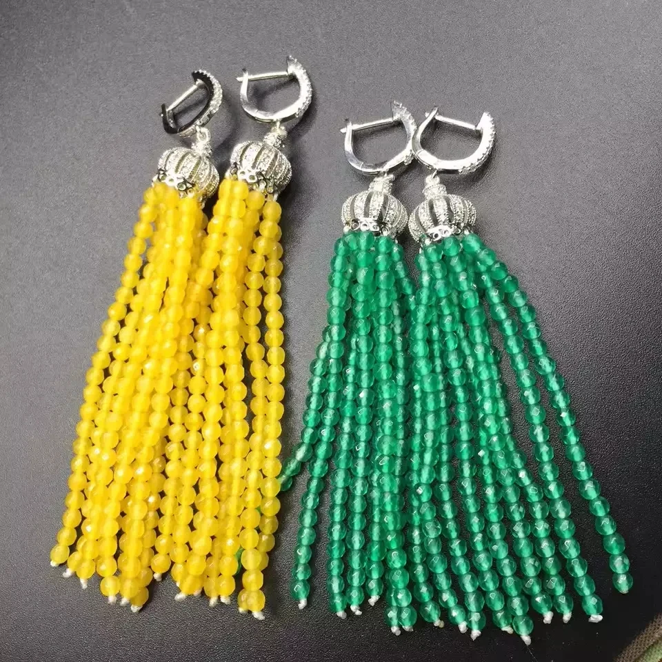 one pair green /yellow jades round faceted 3-4 hook earrings FPPJ wholesale bead - $59.16