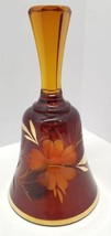Vtg Amber Glass Etched Flower Hand Bell Gold Trim MCM Retro Estate Collectible - £19.28 GBP