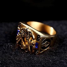Freemason Masonic Illuminati Blue Crystal Gothic Gold Plated Biker Men 8-13 Ring - £13.58 GBP