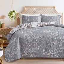 3 Pieces Grey Quilt Set King Size, Branch With Yellow Spring Flower On Gray, Sof - £55.94 GBP